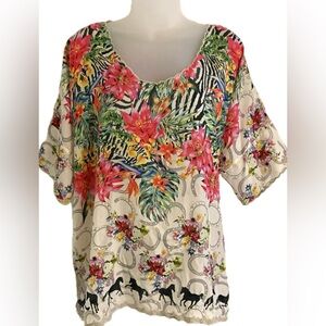 Johnny Was Multicolor Floral and Zebra Print Blouse w horse detail